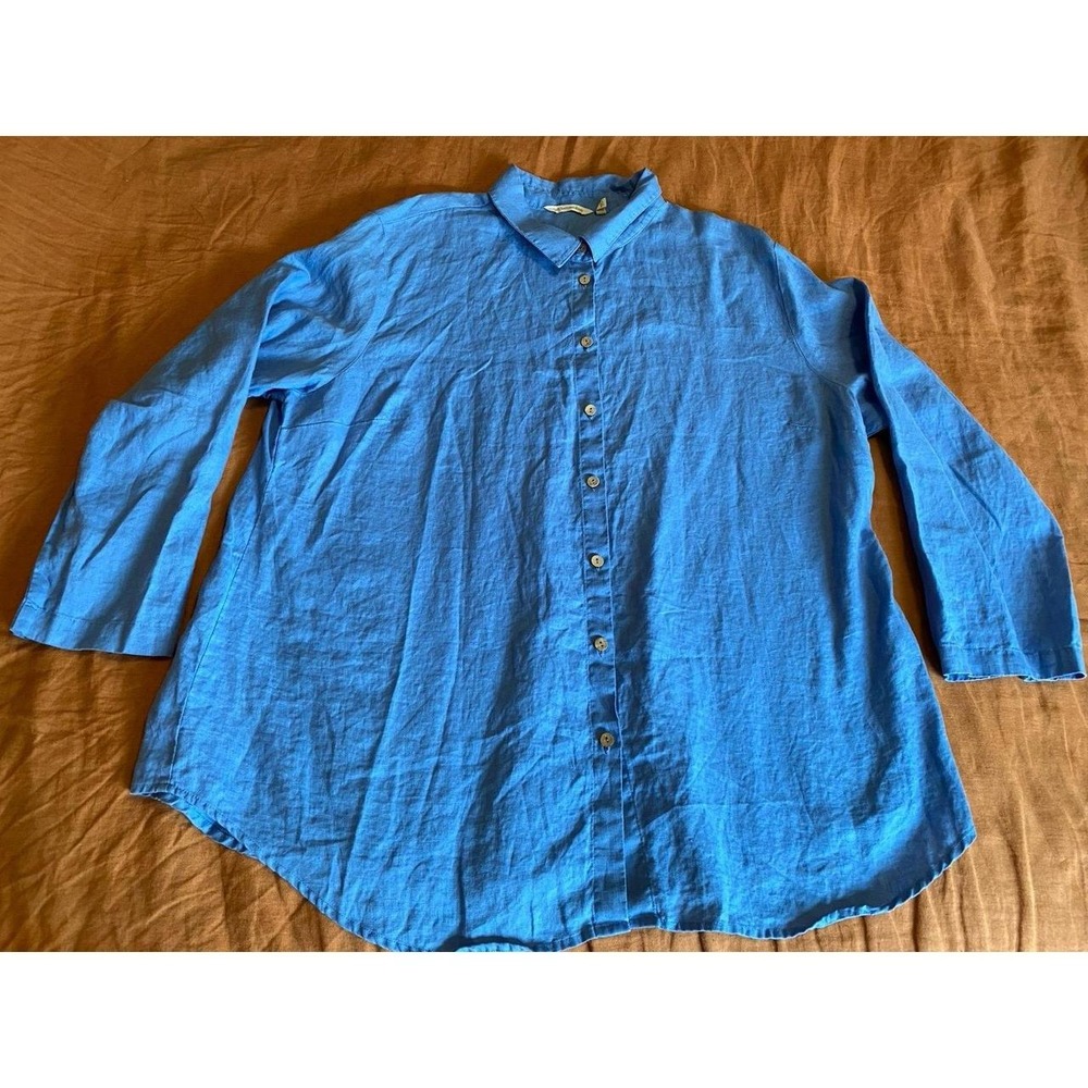Soft Surroundings Outer Banks Blue 100% Linen Shirt Button Up Long Sleeve 2X s61
